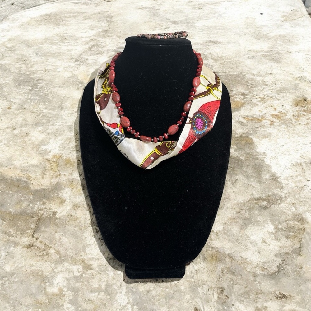 #(122)Chaps vintage pink jasper gemstone necklace paired with/ a colorful scarf